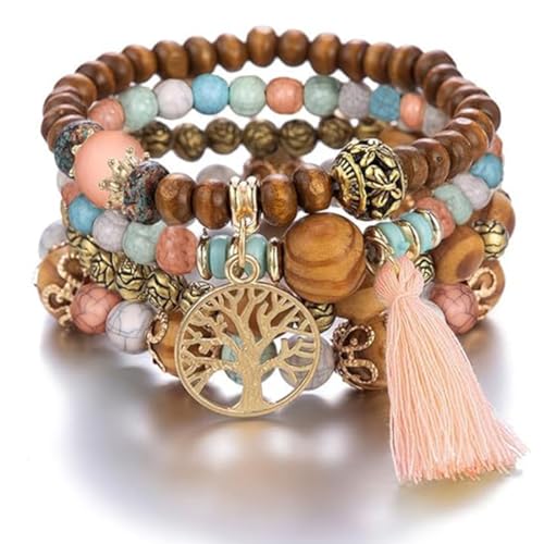 LICHUANUK Boho 4 Stück Armbänder Holzperlen Quaste Armband, Chakra Armband für Frauen, Natürliches Kristall heilsteine armband, Frauen Baum des Lebens Charm Statement Armreifen, Kristall Perle von LICHUANUK