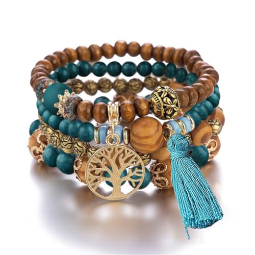 LICHUANUK Boho 4 Stück Armbänder Holzperlen Quaste Armband, Chakra Armband für Frauen, Natürliches Kristall heilsteine armband, Frauen Baum des Lebens Charm Statement Armreifen, Pfauenblau von LICHUANUK
