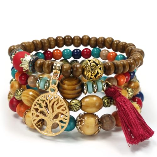 LICHUANUK Boho 4 Stück Armbänder Holzperlen Quaste Armband, Chakra Armband für Frauen, Natürliches Kristall heilsteine armband, Frauen Baum des Lebens Charm Statement Armreifen, Rot von LICHUANUK