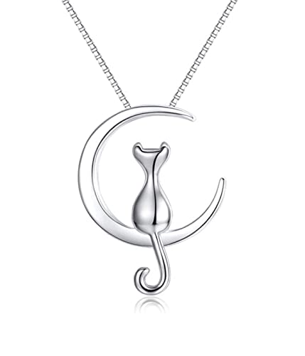 Damen Collier, Damen Collier mit Katze auf dem Mond Anhänger, Halskette mit Anhänger, 925er Silber, Anhänger mit niedlicher Katze und Mond-Motiv, Halskette Damen mit Anhänger von LICHUANUK