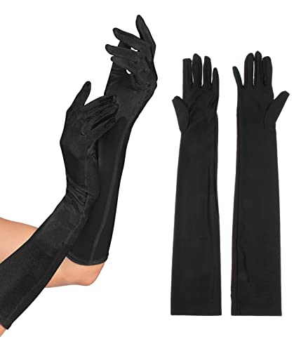 LICHUANUK Schwarze Lange Handschuhe Damen, 20er Jahre Satin Ellenbogen Lang, Hochzeit Kostüm Opern 1920er Abendhandschuhe von LICHUANUK