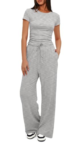 LICOBOD Bequemes Biker-Lounge-Set für Urlaub, Reisen, 2-teiliges Outfit für Damen, Shorts, lässiges Workout-Trainingsanzug-Set, Streetwear, (Kurzarm) athletisches Grau, Medium von LICOBOD