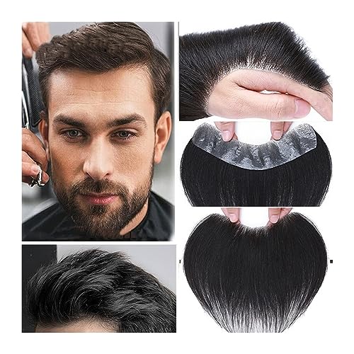 Herren-Haarteile, Haaransatz-Toupet for Herren, Stirn-Frontal-Haarteil, 0,05–0,14 mm, volle PU-Basis, indisches Echthaar #1B, natürliches Schwarz, V-Form, vordere Haarsystem-Einheiten, für tägliche K von LICONG-2020