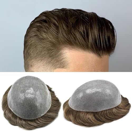 Herren-Haarteile, Toupet for Männer, männliche Haarprothese, weiche, dünne Haut, PU, ​​V-Schleife, Herren-Toupet, leicht gewellt, echtes Echthaar, Herren-Haarteile, atmungsaktive Haarsystem-Einheiten von LICONG-2020