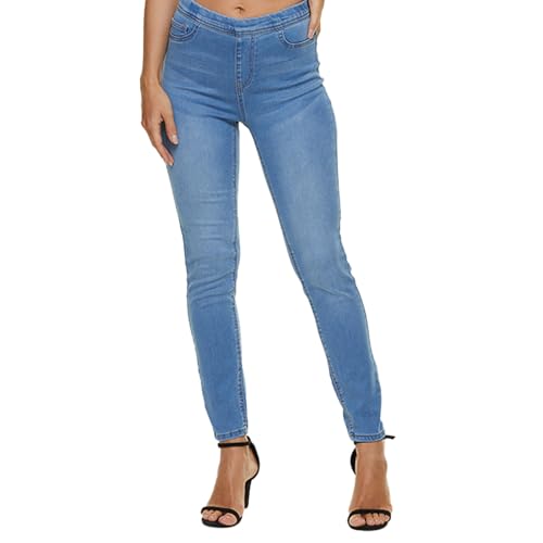 LICTZNEE Damen Stretch Jeans Hohe Taille Slim Jeggings Fit Bein Pull On Jeans mit Taschen Weiche Atmungsaktive Baumwollmischung - Blau - Large-X-Large von LICTZNEE