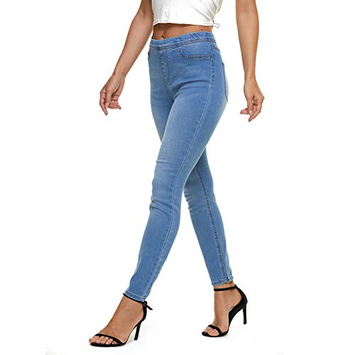 LICTZNEE Damen Stretch Jeans Hohe Taille Slim Jeggings Fit Bein Pull On Jeans mit Taschen Weiche Atmungsaktive Baumwollmischung - Blau - Medium/Large von LICTZNEE