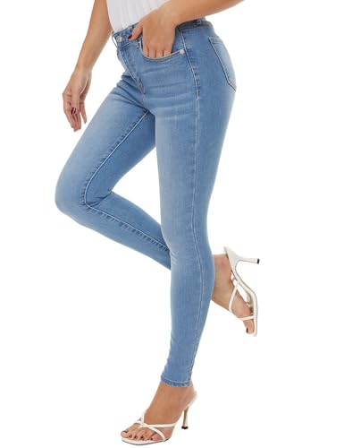 LICTZNEE Skinny Jeans für Damen, mittelhohe Taille, Stretch-Denim-Jeans, schmale Passform, elastische Taille, Hose mit Taschen, 7131-light blue, 40 von LICTZNEE