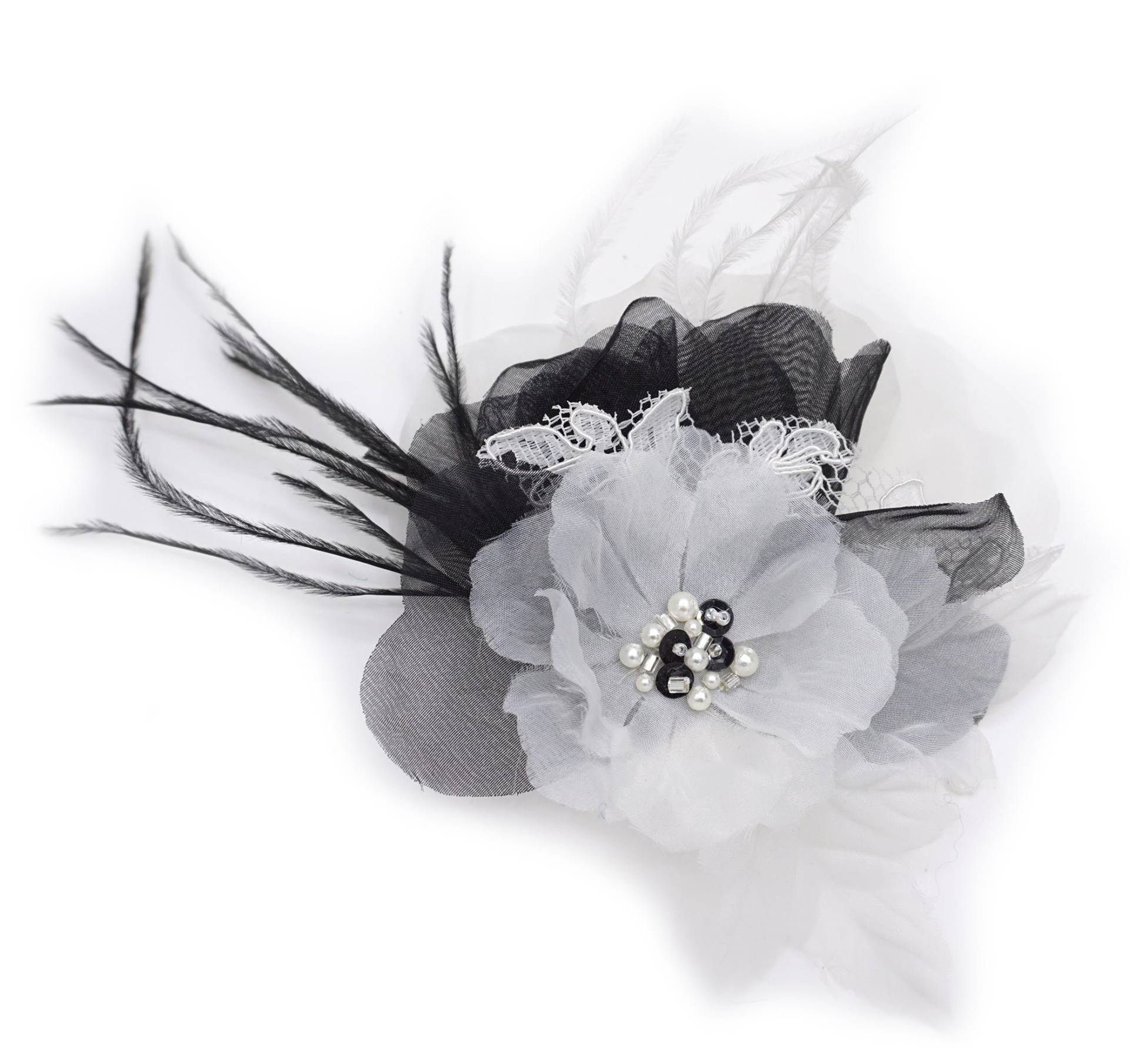 Blumenbrosche Aus Organza, Spitze Und Feder, Schwarz-Weiß Blumenbrosche Aus Organza, Spitze Und Feder, Schwarz-Weiß von LIDALYDI