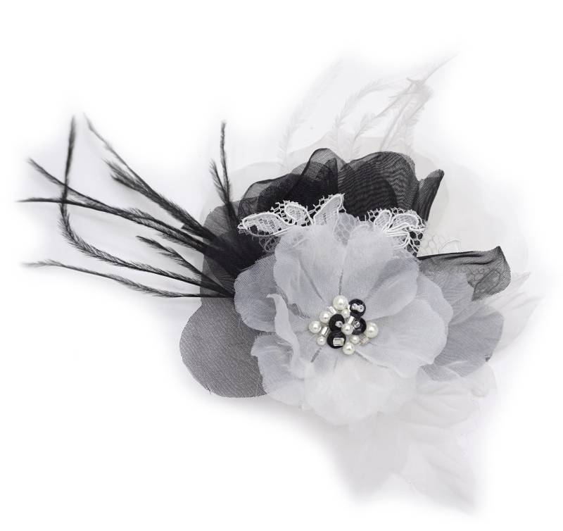 Blumenbrosche Aus Organza, Spitze Und Feder, Schwarz-Weiß Blumenbrosche Aus Organza, Spitze Und Feder, Schwarz-Weiß von LIDALYDI