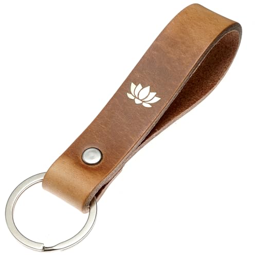 ELBERCRAFT® Schlüsselanhänger Leder Lotusblüte Geschenk für Frauen oder Männer pflanzlich gegerbt braun mit gravur gold 12 cm made in Germany Leather Keychain von ELBERCRAFT