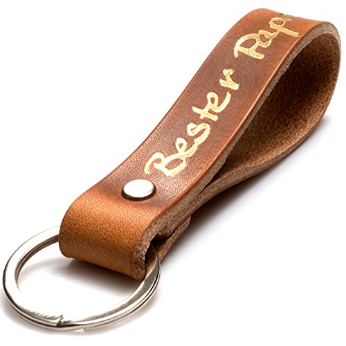 ELBERCRAFT® Schlüsselanhänger Leder bester papa Geschenk für Frauen oder Männer pflanzlich gegerbt braun mit gravur gold 12 cm made in Germany Leather Keychain von ELBERCRAFT