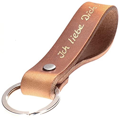 ELBERCRAFT® Schlüsselanhänger Leder Ich Liebe Dich! Geschenk für Frauen oder Männer pflanzlich gegerbt braun mit gravur gold 12 cm made in Germany Leather Keychain von ELBERCRAFT