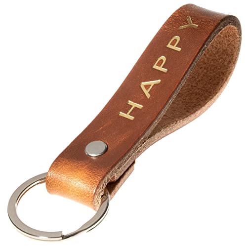 ELBERCRAFT® Schlüsselanhänger Leder HAPPY Geschenk für Frauen oder Männer pflanzlich gegerbt braun mit gravur gold 12 cm made in Germany Leather Keychain von ELBERCRAFT