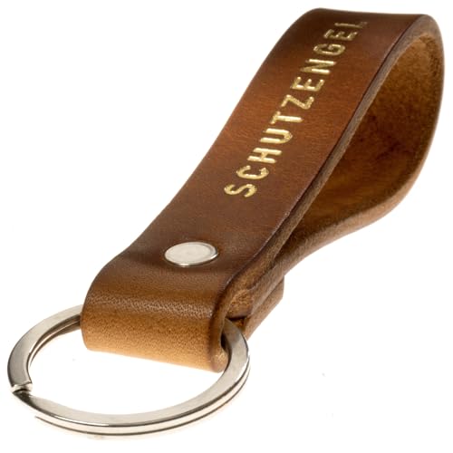 ELBERCRAFT® Schlüsselanhänger Leder SCHUTZENGEL Geschenk für Frauen oder Männer pflanzlich gegerbt braun mit gravur gold 12 cm made in Germany Leather Keychain von ELBERCRAFT