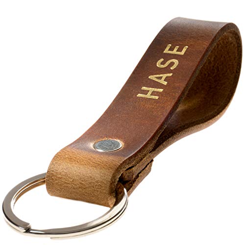 ELBERCRAFT Schlüsselanhänger Leder HASE Geschenk für Frauen oder Männer pflanzlich gegerbt braun mit gravur gold 12 cm made in Germany Leather Keychain von ELBERCRAFT