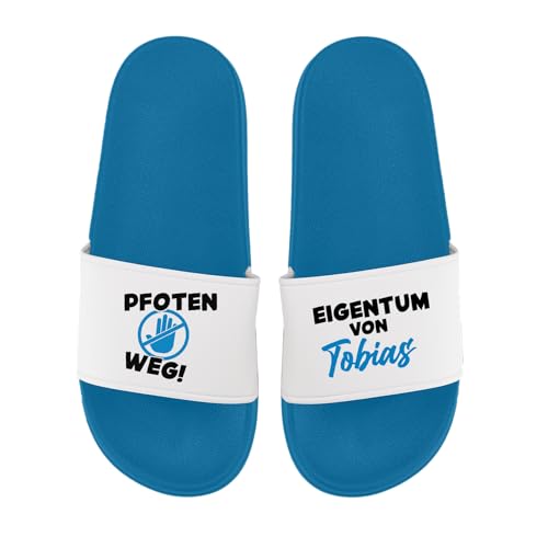 LIEBTASTISCH Badelatschen - Personalisiert mit Namen - Pfoten Weg - Eigentum von - Hausschuhe - Geschenkidee - Geburtstagsgeschenk (Blau, 43) von LIEBTASTISCH