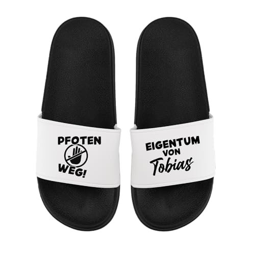LIEBTASTISCH Badelatschen - Personalisiert mit Namen - Pfoten Weg - Eigentum von - Hausschuhe - Geschenkidee - Geburtstagsgeschenk (Schwarz, 45) von LIEBTASTISCH