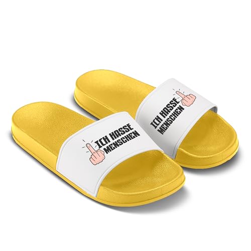 LIEBTASTISCH Badelatschen mit frecher Botschaft Ich hasse Menschen - Schwarze Statement-Schuhe für introvertierte Humor-Fans Gelb - Größe 41 EU LIEBTASTISCH Badelatschen mit frecher Botschaft Ich hasse Menschen - Schwarze Statement-Schuhe für introvertierte Humor-Fans Gelb - Größe 41 EU von LIEBTASTISCH