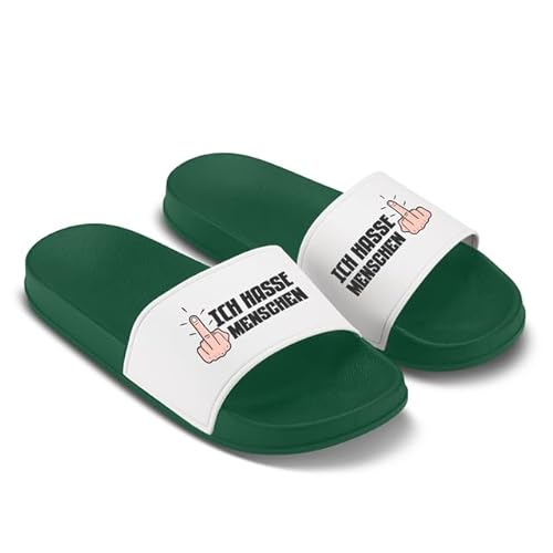 LIEBTASTISCH Badelatschen mit frecher Botschaft Ich hasse Menschen - Schwarze Statement-Schuhe für introvertierte Humor-Fans Grün - Größe 41 EU von LIEBTASTISCH