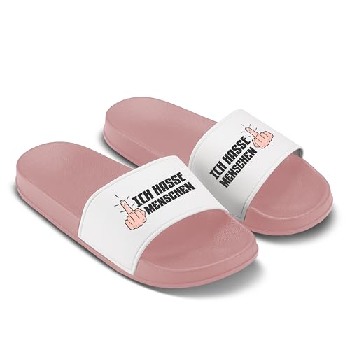 LIEBTASTISCH Badelatschen mit frecher Botschaft Ich hasse Menschen - Schwarze Statement-Schuhe für introvertierte Humor-Fans Rosa - Größe 42 EU von LIEBTASTISCH