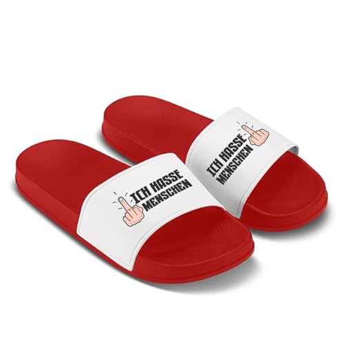 LIEBTASTISCH Badelatschen mit frecher Botschaft Ich hasse Menschen - Schwarze Statement-Schuhe für introvertierte Humor-Fans Rot - Größe 38 EU von LIEBTASTISCH