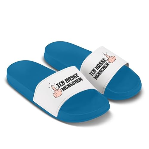 LIEBTASTISCH Badelatschen mit frecher Botschaft Ich hasse Menschen - Schwarze Statement-Schuhe für introvertierte Humor-Fans Royalblau - Größe 41 EU von LIEBTASTISCH