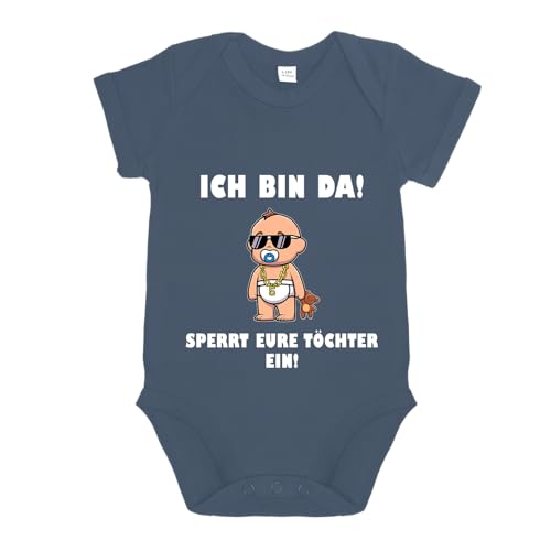 LIEBTASTISCH - Ich bin da! Sperrt eure Töchter ein! - Baby body kurzarm - Strampler - mit Druckknöpfen - Jungen - 100% Bio Baumwolle (Navy, 6-12 Monate) von LIEBTASTISCH