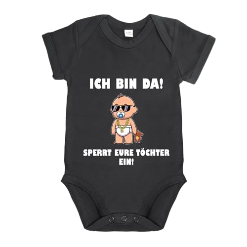 LIEBTASTISCH - Ich bin da! Sperrt eure Töchter ein! - Baby body kurzarm - Strampler - mit Druckknöpfen - Jungen - 100% Bio Baumwolle (Schwarz, 6-12 Monate) von LIEBTASTISCH