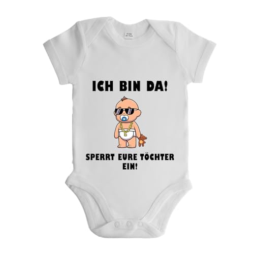 LIEBTASTISCH - Ich bin da! Sperrt eure Töchter ein! - Baby body kurzarm - Strampler - mit Druckknöpfen - Jungen - 100% Bio Baumwolle (Weiss, 6-12 Monate) von LIEBTASTISCH