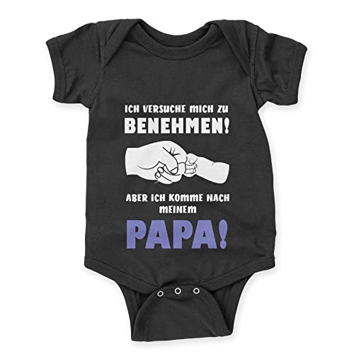 LIEBTASTISCH - Ich versuche mich zu benehmen, aber ich komme nach meinem Papa - Baby body kurzarm - Strampler - mit Druckknöpfen - Jungen & Mädchen - 100% Bio Baumwolle (Schwarz, 12-18 Monate) von LIEBTASTISCH