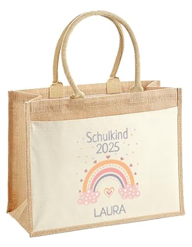 LIEBTASTISCH - Nachhaltige Jutetasche - Schulkind 2025 - Personalisiert - Tasche - Regenbogen - Zur Einschulung - Schulanfang - Grundschule - Vorschule ((L - 42x33x19 cm)) von LIEBTASTISCH