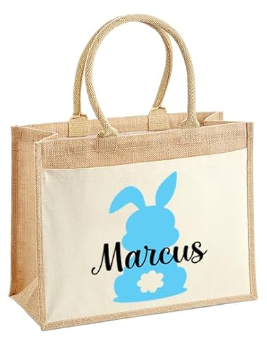 LIEBTASTISCH Ostern - Jutetaschen - Personalisiert - Geschenkverpackung - Osternest - Osterkorb - Hase - Osterkorb - Geschenktüte - Frohe Ostern (Blau, M (30x30x19 cm)) von LIEBTASTISCH