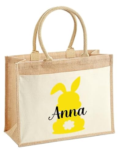 LIEBTASTISCH Ostern - Jutetaschen - Personalisiert - Geschenkverpackung - Osternest - Osterkorb - Hase - Osterkorb - Geschenktüte - Frohe Ostern (Gelb, L (42x33x19 cm)) von LIEBTASTISCH