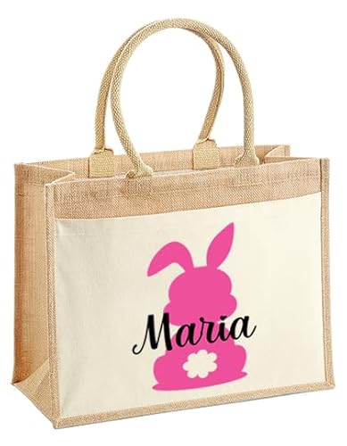 LIEBTASTISCH Ostern - Jutetaschen - Personalisiert - Geschenkverpackung - Osternest - Osterkorb - Hase - Osterkorb - Geschenktüte - Frohe Ostern (Pink, S (26x22x14 cm)) von LIEBTASTISCH