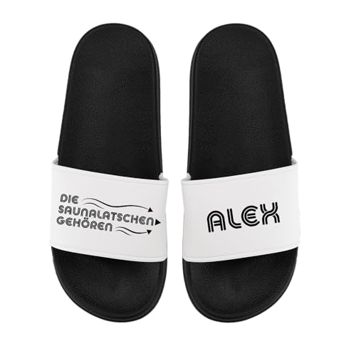 Personalisierte Badelatschen -Diese Badelatschen gehören - Slipper - Badeschuhe - Dusche - Strand - Sauna - Wunschname - Individuell (Schwarz, 43) von LIEBTASTISCH