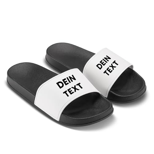 LIEBTASTISCH Personalisierte Badelatschen mit Wunschtext – Unisex – Rutschfeste Badeschlappen mit eigenem Spruch – Geschenkidee für Geburtstag, Urlaub & Junggesellenabschied Schwarz - Größe 45 EU von LIEBTASTISCH