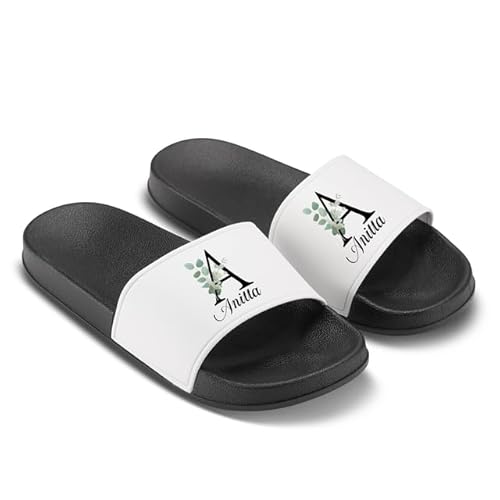 LIEBTASTISCH Personalisierte Badeschuhe - Badelatschen - Anfangsbuchstabe - Name - Blumen Motiv - Hausschuhe - individuell - Geschenkidee - Frau - Damen Schwarz - Größe 40 EU von LIEBTASTISCH