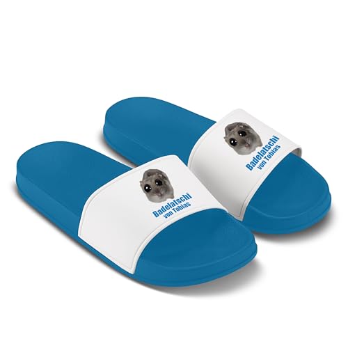 LIEBTASTISCH Sad Hamster Badelatschen - Hausschuhe - Badelatschi - Geschenk für Freund Mann - Meme (Blau, 43) von LIEBTASTISCH