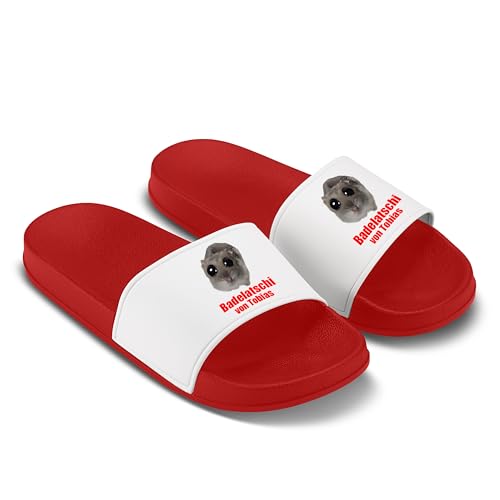 LIEBTASTISCH Sad Hamster Badelatschen - Hausschuhe - Badelatschi - Geschenk für Freund Mann - Meme (Rot, 41) von LIEBTASTISCH