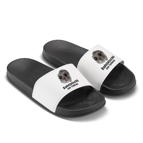 LIEBTASTISCH Sad Hamster Badelatschen - Hausschuhe - Badelatschi - Geschenk für Freund Mann - Meme (Schwarz, 42) von LIEBTASTISCH