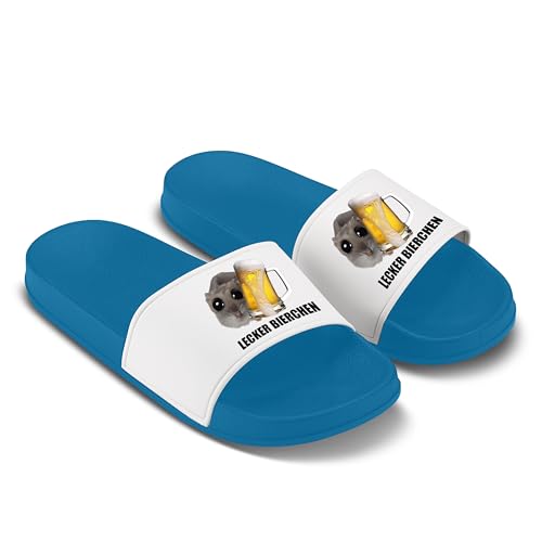 Sad Hamster Badelatschen - Hausschuhe - Lecker Bierchen - Hamsti - Meme - Bier - Party - Malle - JGA (Blau, 45) von LIEBTASTISCH