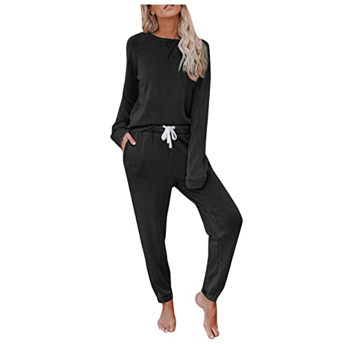 Schlafanzug Damen Lang Pyjamaset Set Winter Pyjama Set Mit Bündchen Hausanzug Zweiteiliger-Nachtwäsche Sleepwear Loungewear Langarm Oberteil Und Schlafanzughose Freizeitanzug von LIEIKIC