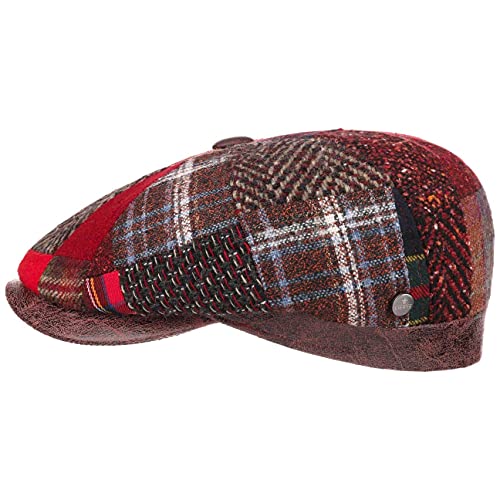 LIERYS Carlento Patchwork Flatcap Herren Made in Italy Mit hohem Wollanteil Karomuster Fischgrät Schirm aus Kunstleder Wärmeisolierendes Futter Herbst Winter rot 59 cm von LIERYS