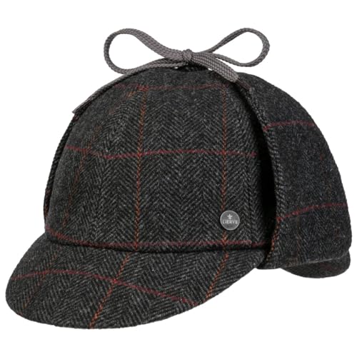 LIERYS Deerstalker Check Cap Klassische Jagdmütze Wollcap mit Ohrenklappen Herren Made in Germany Herbst/Winter schwarz-grau 60 cm von LIERYS