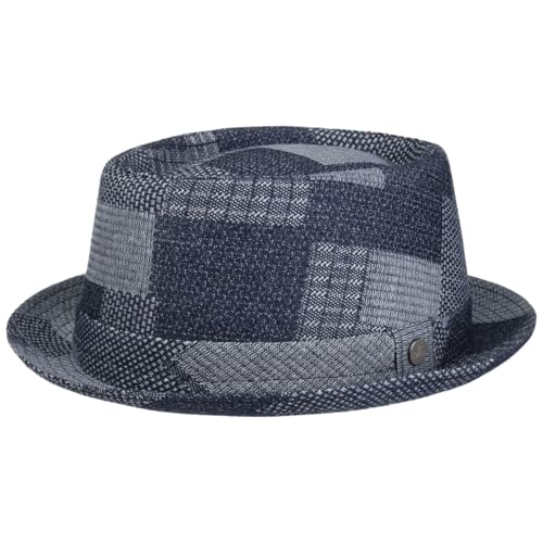 LIERYS Denim Patchwork Pork Pie Stoffhut Denimhut Jeanshut Baumwollhut Porkpie Pork-Pie-Hut Damen/Herren - Made in Italy mit Futter Frühling-Sommer Sommer - L (58-59 cm) Denim von LIERYS