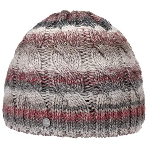 LIERYS Filippa Zopfstrickmütze Damen Herren Mit Schurwolle Strickmütze Made in Germany Fleecefutter Wintermütze Herbst Winter grau-rot One Size von LIERYS