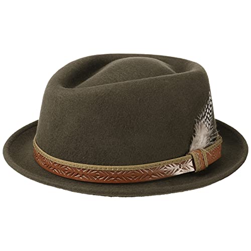 LIERYS Galveston Pork Pie Hut Damen/Herren - Made in Italy - Fedora-Hut aus Wollfilz - Filzhut mit Garniturband - Diamond-Hut mit Federschmuck - Sommer/Winter Oliv 57 cm von LIERYS