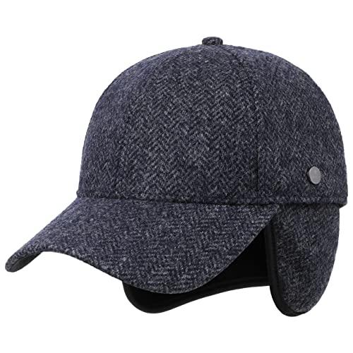 LIERYS Jerome Wollcap mit Ohrenklappen Wintercap Basecap Baseballcap Herren - Hinten geschlossen, Schirm, Futter, Lederband Herbst-Winter - M (56-57 cm) schwarz-blau von LIERYS