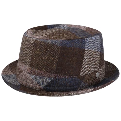 LIERYS Pork Pie Wollhut - Kariert - 100% Wolle - Made in Italy - Herren - Herbst Winter braun-blau M (56-57 cm) von LIERYS
