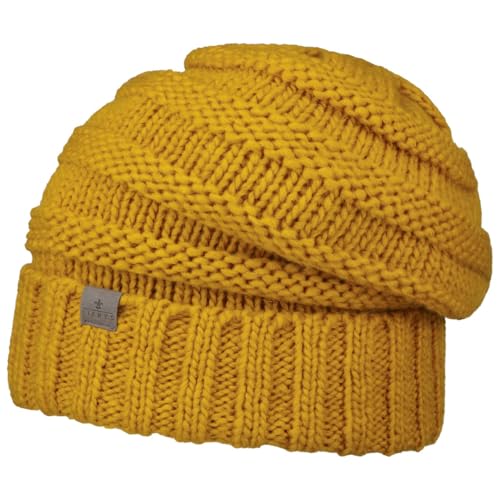 LIERYS Long Beanie Strickmütze Damen Herren Made in Germany Herbst Winter Oversize mit Strickmuster Alpakawolle senf One Size von LIERYS